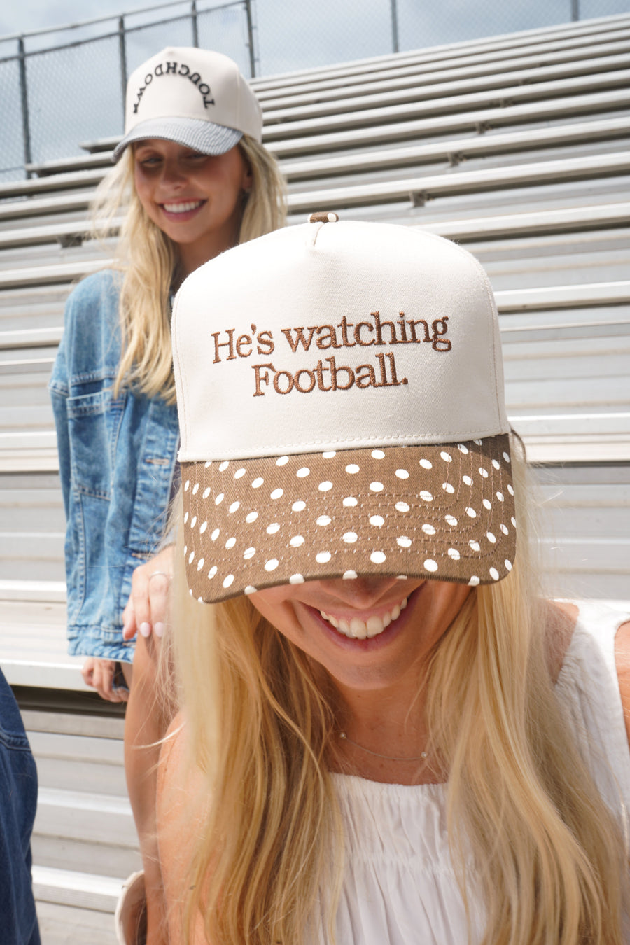 He's Watching Football brown polka dot hat
