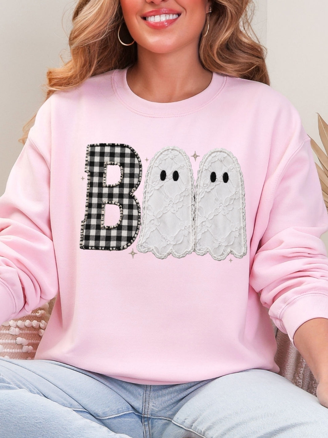 Retro Boo Faux Patchwork Graphic Crewneck Sweatshirt - women's boutique fall graphic apparel
