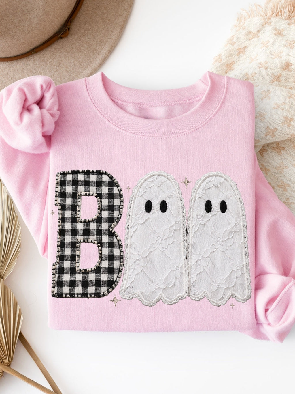 Retro Boo Faux Patchwork Graphic Crewneck Sweatshirt - women's boutique fall graphic apparel
