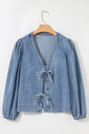 Oakley Tied Front Long Puff Sleeve Denim Top - B.You Boutique & Boji Balloon Bar