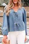 Oakley Tied Front Long Puff Sleeve Denim Top - B.You Boutique & Boji Balloon Bar