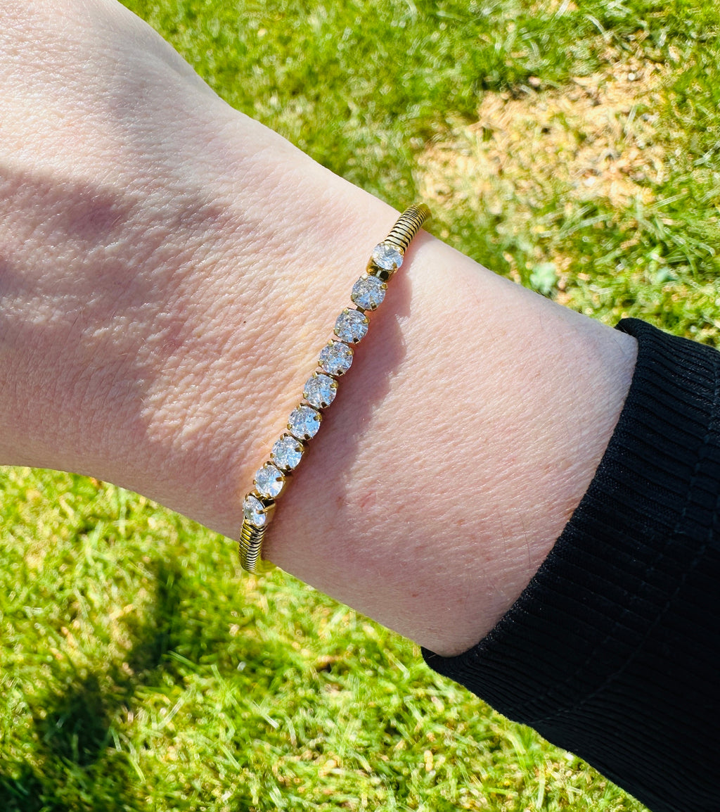 Gold-tone bracelet with a row of clear round crystals worn beside green leaves.