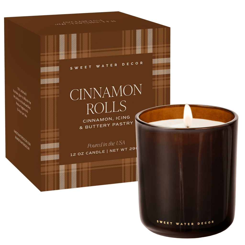 Cinnamon Rolls soy candle in boxed amber glass jar for fall