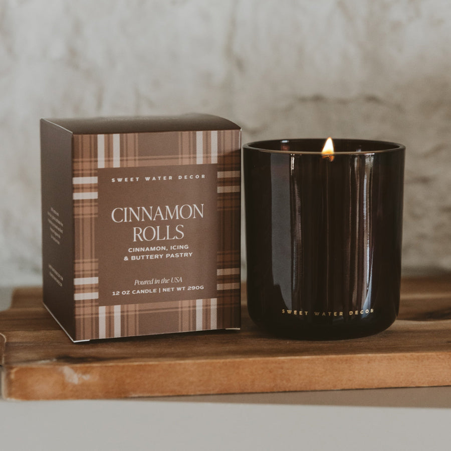 Cinnamon Rolls soy candle in boxed amber glass jar for fall