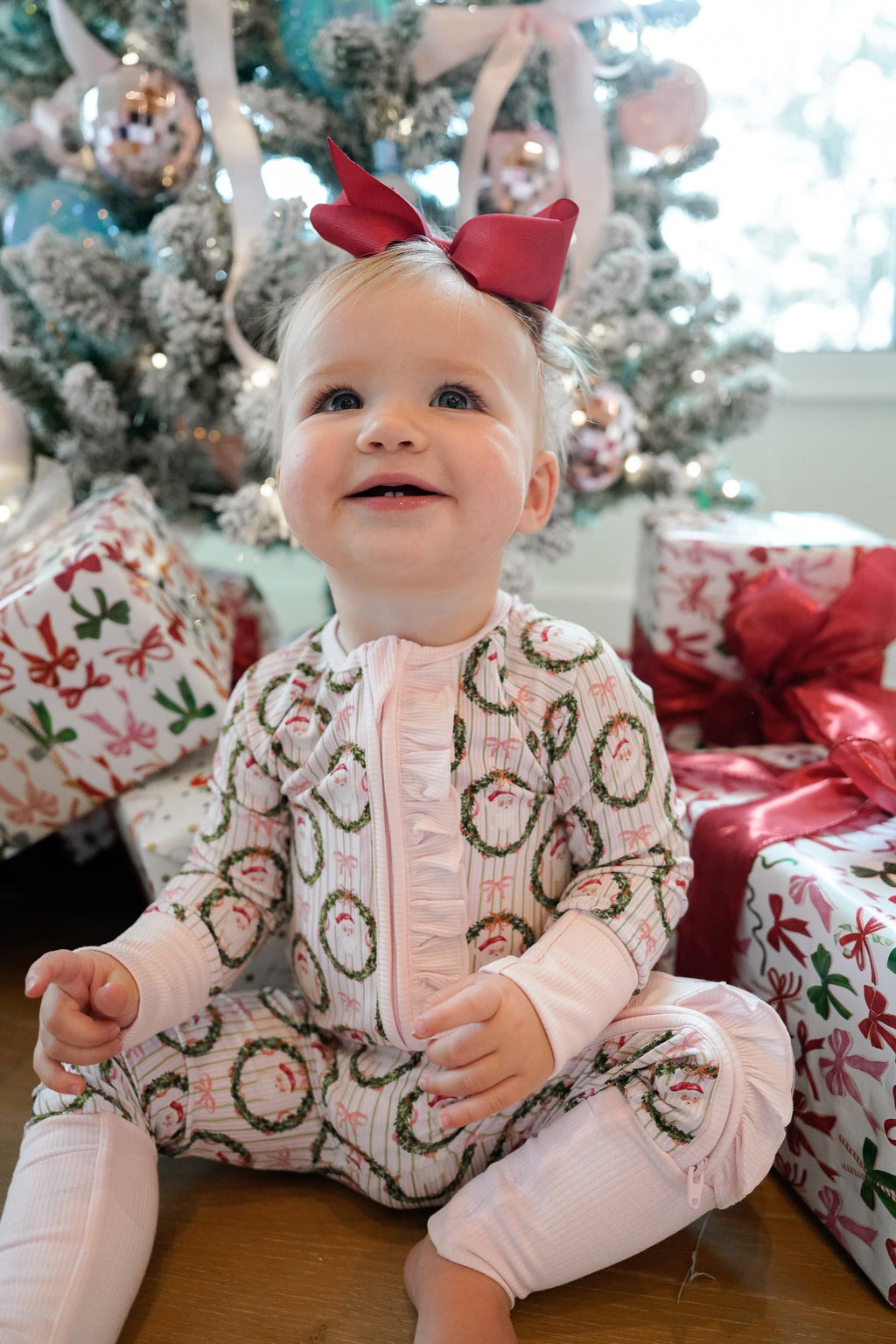 Buttery Soft Bamboo Pink Christmas Sleeper/Baby Onesie, Printed with Santa’s and bows