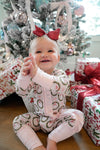 Buttery Soft Bamboo Pink Christmas Sleeper/Baby Onesie, Printed with Santa’s and bows