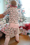 Buttery Soft Bamboo Pink Christmas Sleeper/Baby Onesie, Printed with Santa’s and bows with ruffles on the back