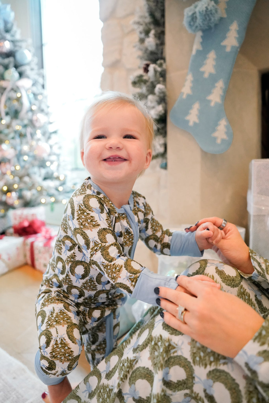 Buttery Soft Bamboo Deck the Halls Christmas Baby Sleeper printed with wreaths and Christmas trees 