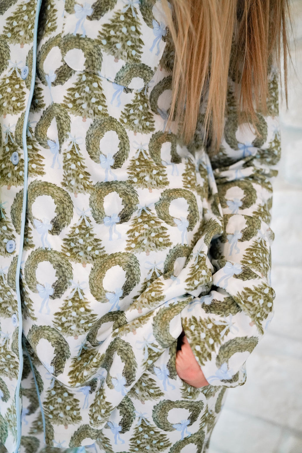 Buttery Soft Bamboo Deck the Halls Christmas Pajama Set printed with wreaths and Christmas trees 