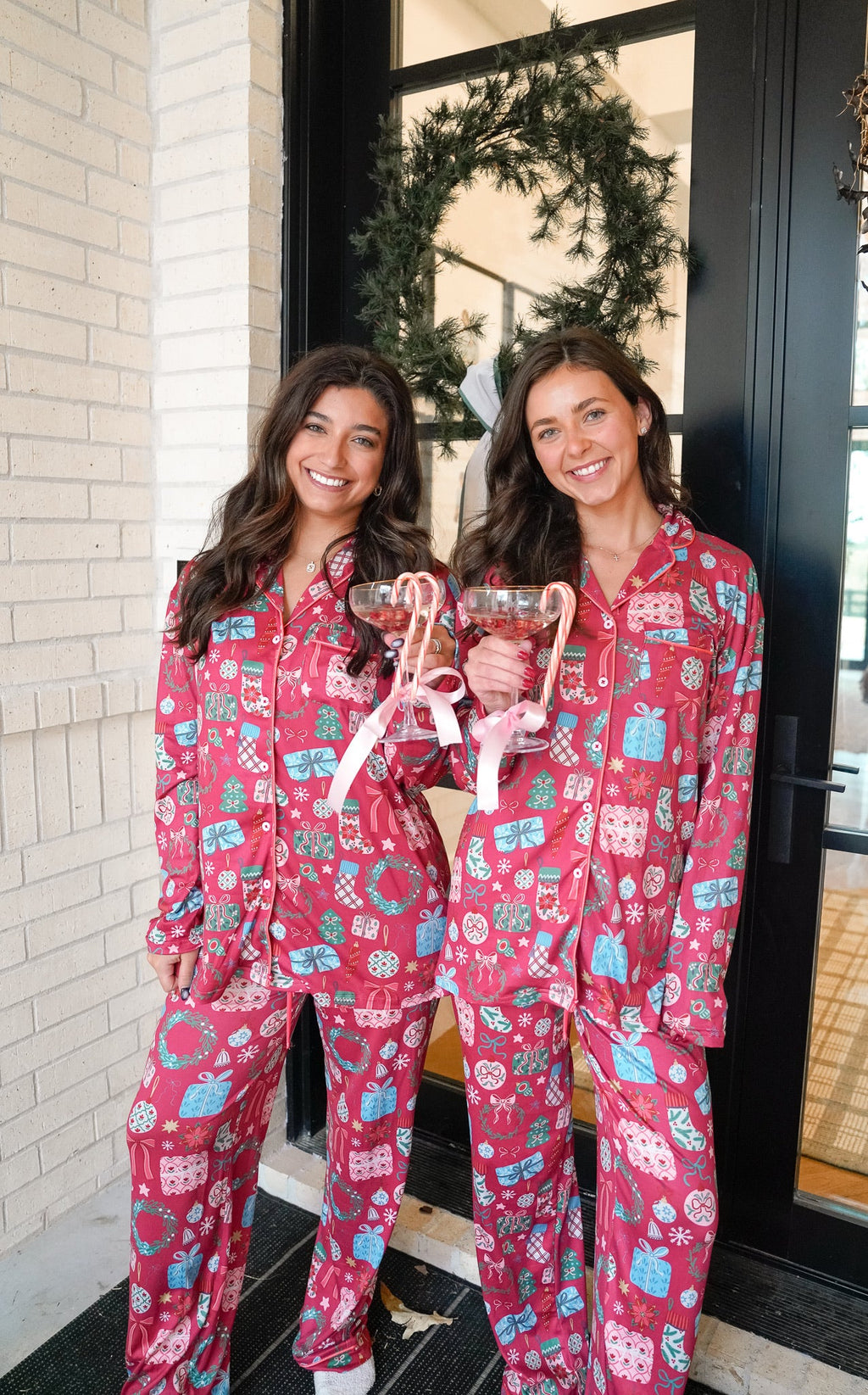 Buttery Soft Bamboo Whimsical Christmas Pajama Set printed with stockings, presents, wreaths and more
