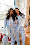 Buttery Soft Bamboo Blue Christmas Pajama Set, Printed with Christmas trees, ornaments, trees