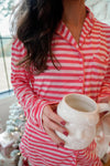 Close up of Buttery Soft Bamboo Pink and Red Stripe Christmas Pajama Set