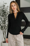 Effortless Edge Knit Henley Top in Black - B.You Boutique & Boji Balloon Bar