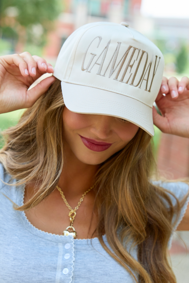 Khaki embroidered Gameday trucker hat for football season