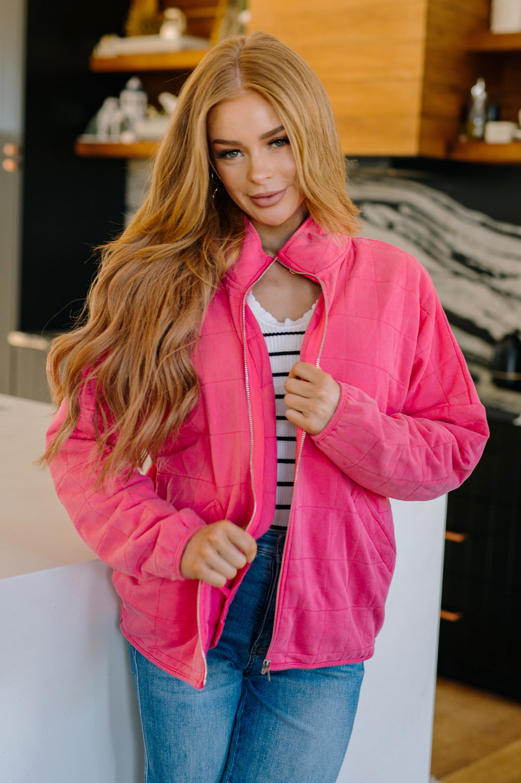 quilted mid-weight zip front pink jacket