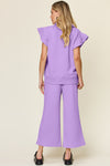 Double Take Texture Ruffle Short Sleeve Top and Drawstring Wide Leg Pants Set