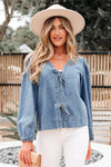 Oakley Tied Front Long Puff Sleeve Denim Top - B.You Boutique & Boji Balloon Bar
