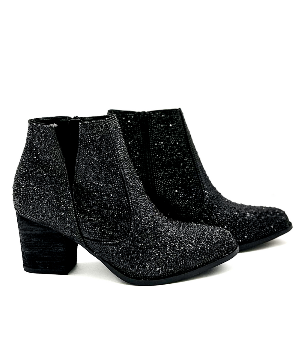 Black Shine Star rhinestone ankle bootie front view
