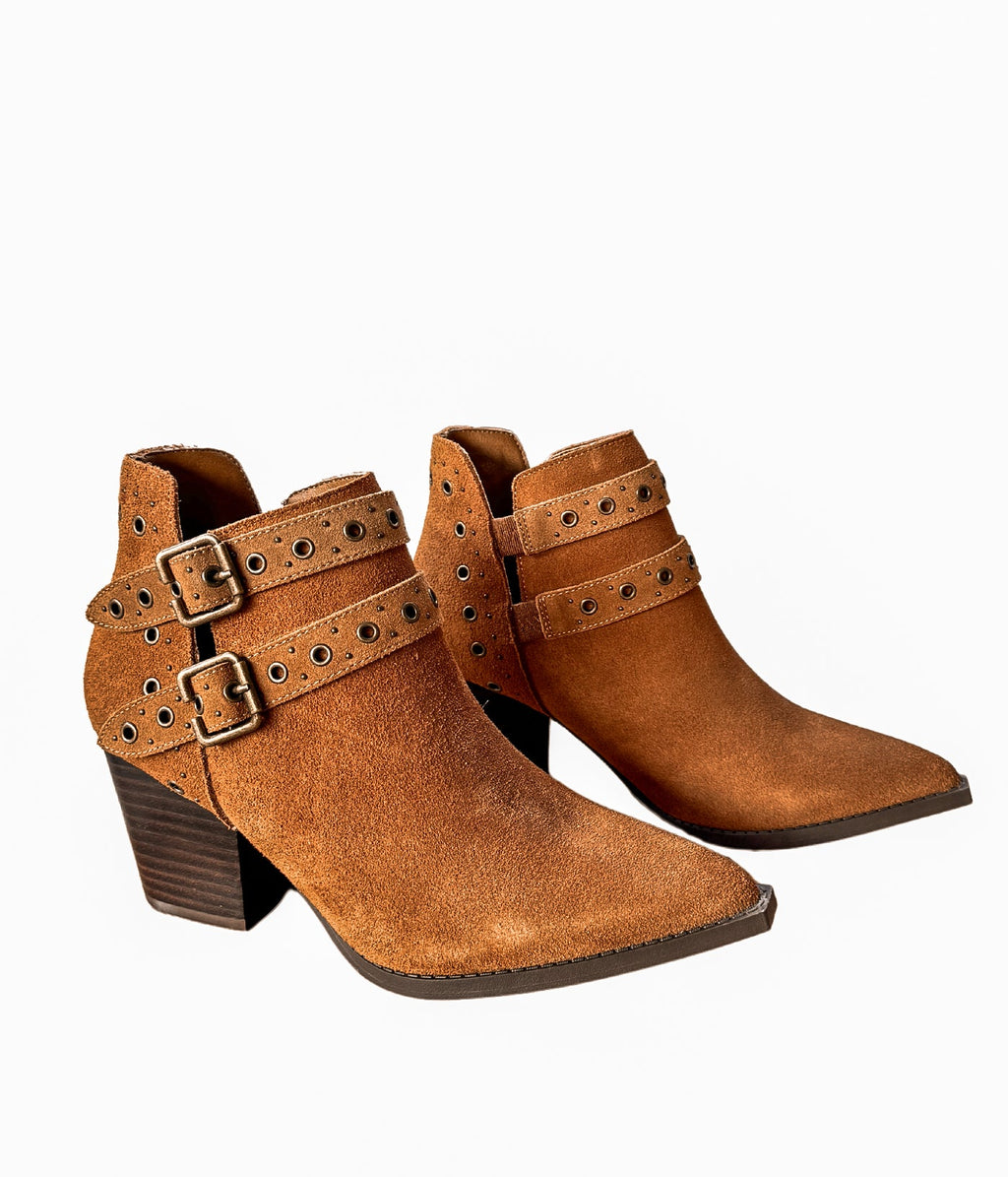 Tan Elsa genuine suede ankle boot with buckle hardware front view
