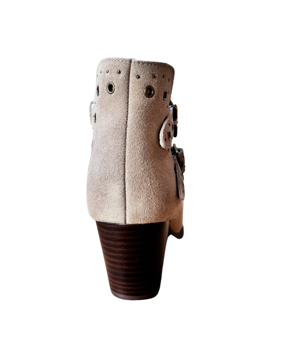 Taupe Elsa genuine suede ankle boot with buckle hardware front view