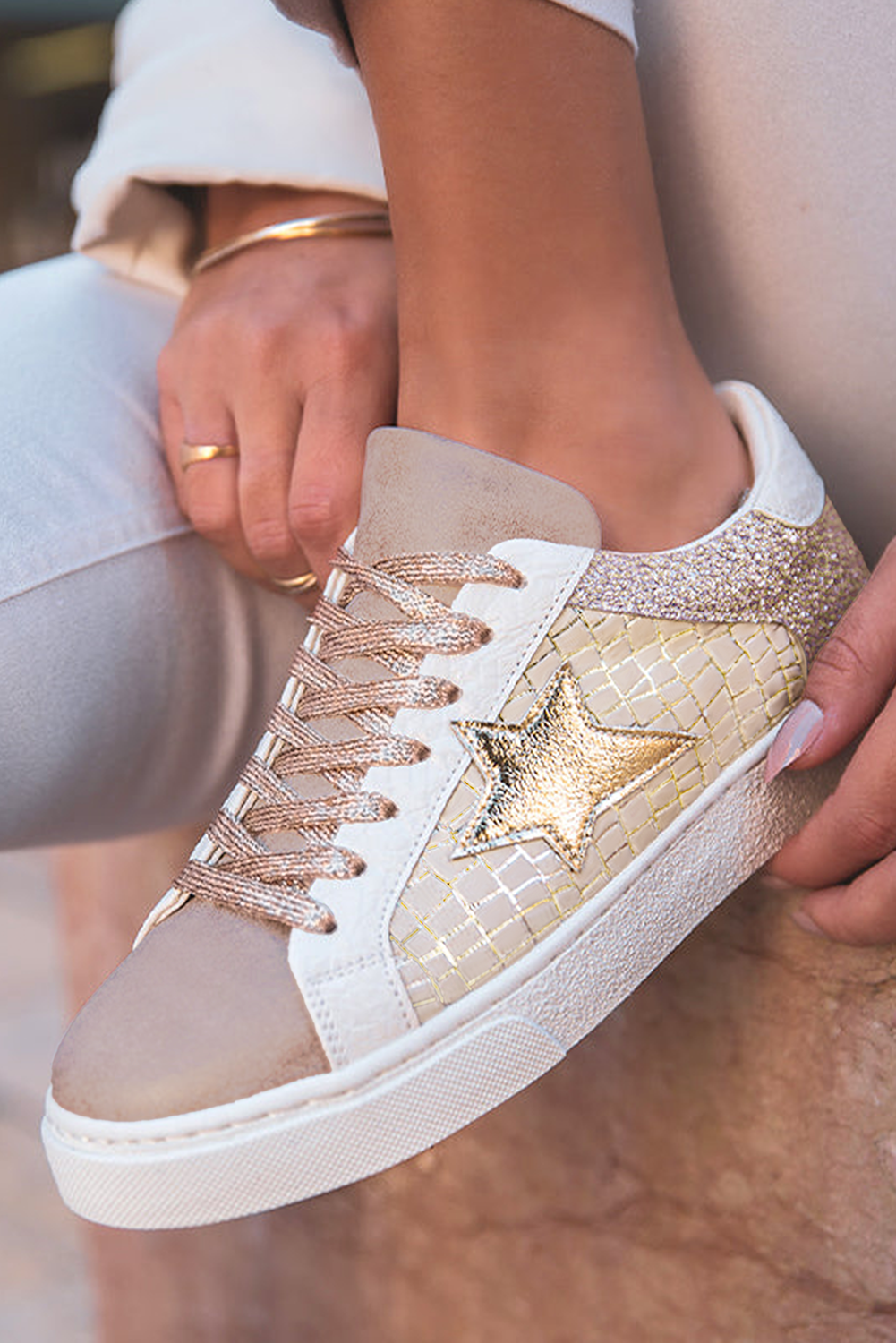 Clare Gold Glitter Star Lace-up Sneakers - B.You Boutique & Boji Balloon Bar