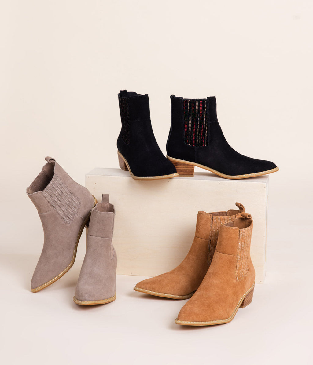 Tan Leonor genuine suede fall ankle boot front view