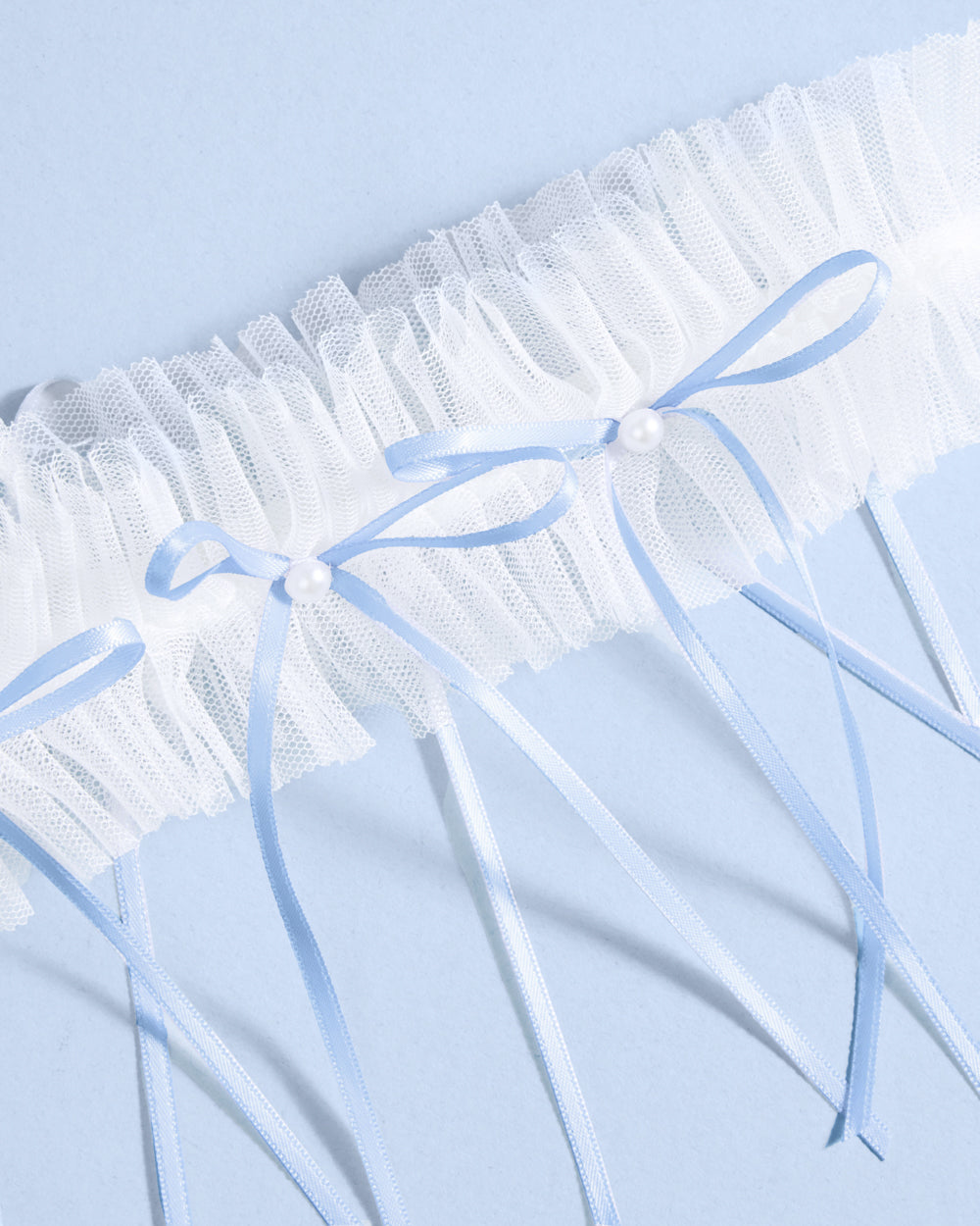 Something Blue Garter - white garter w. bows + pearls - B.You Boutique & Boji Balloon Bar
