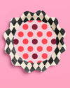 Set of 24 wavy edged red, pink, black diamond paper plates
