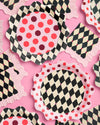 Set of 24 wavy edged red, pink, black diamond paper plates
