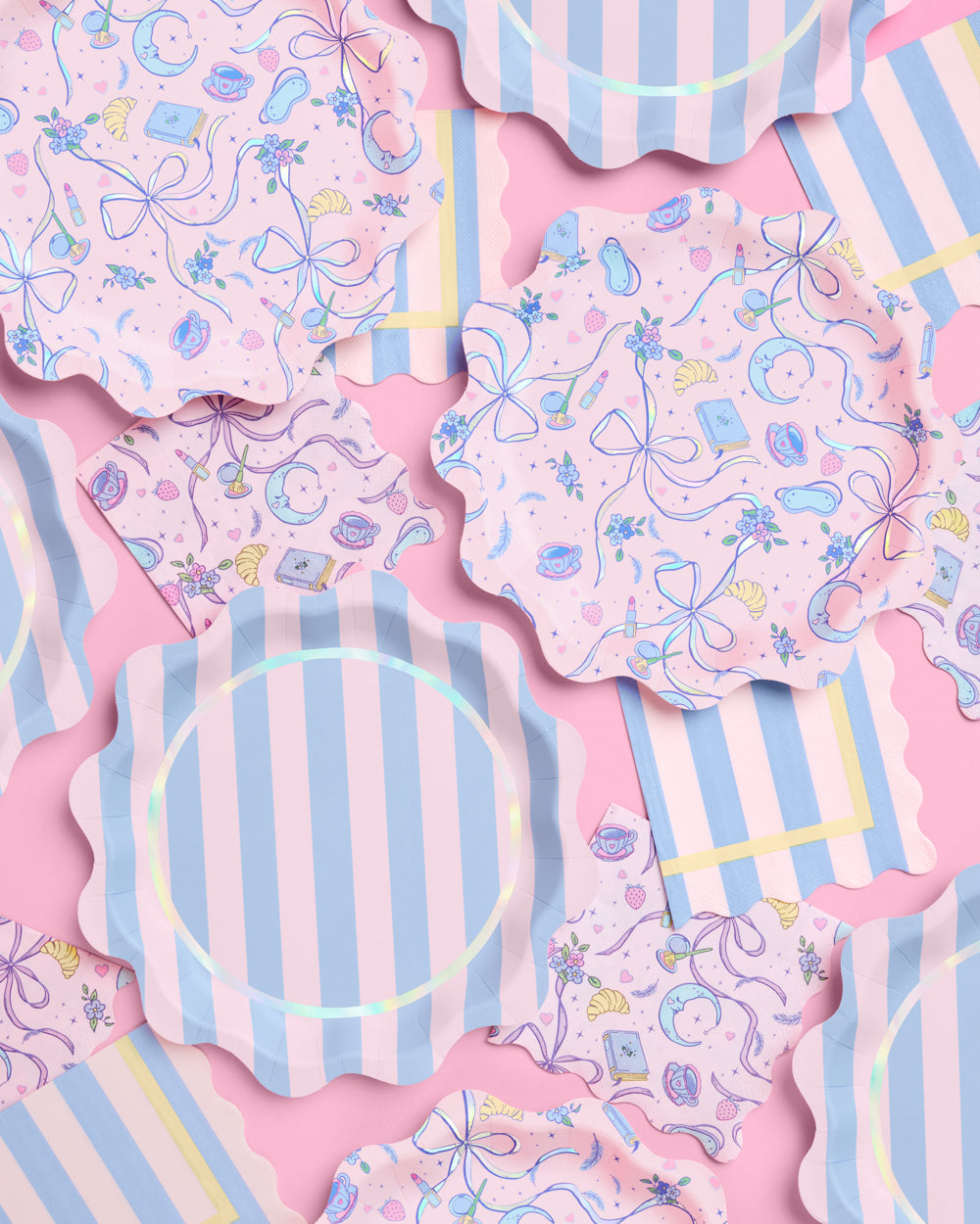 24 slumber party, sweet dreams paper plates w. a wavy edge + iridescent foil details