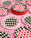 Set of 24 wavy edged red, pink, black diamond paper plates
