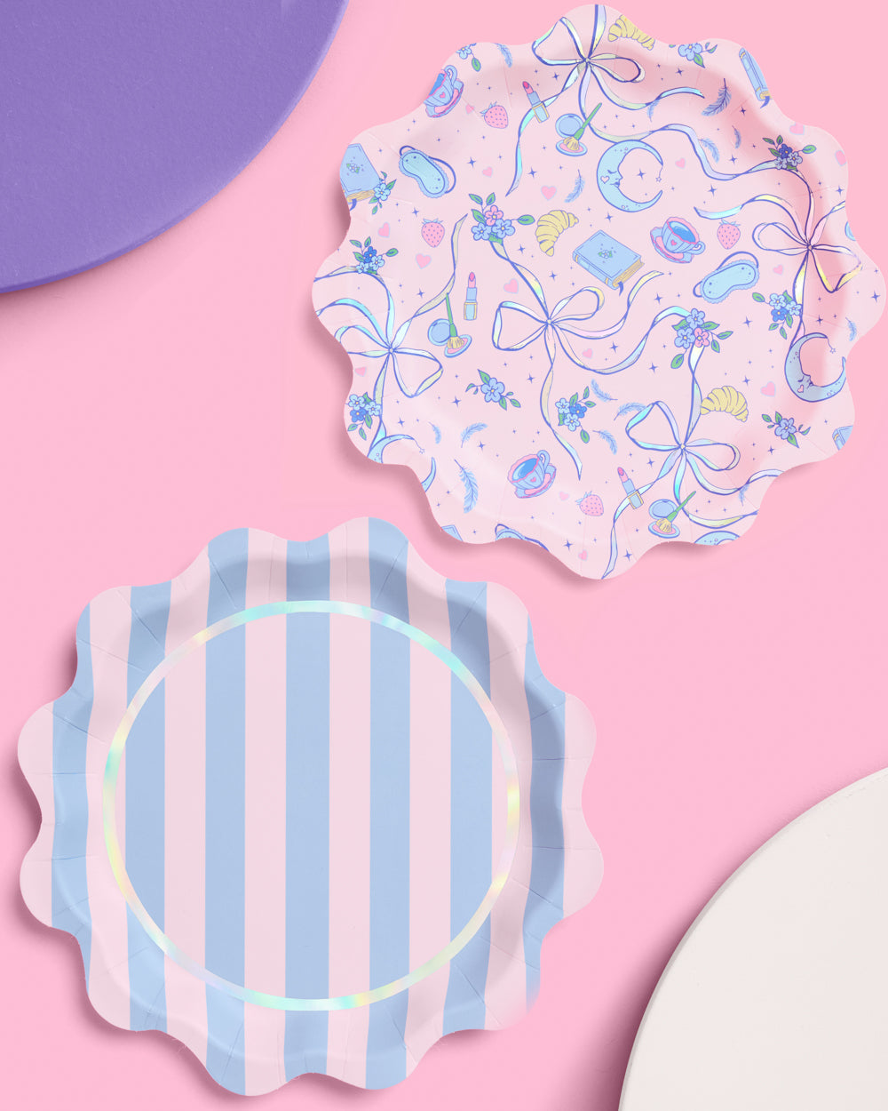 24 slumber party, sweet dreams paper plates w. a wavy edge + iridescent foil details